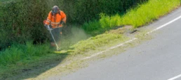 Worker trims roadside vegetation with a string trimmer, maintaining safe and well-kept public spaces